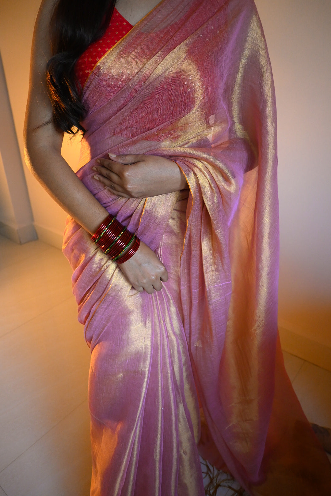 RangDhaaga Rose Pink With Golden Dual Tone Raga Tissue Saree
